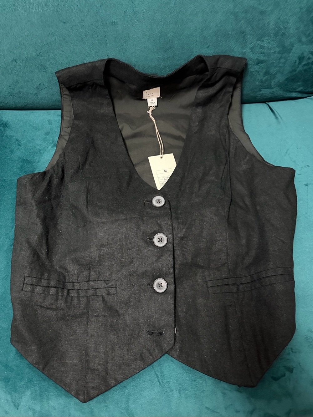 Women’s Black Linen Blend Vest with Button Front